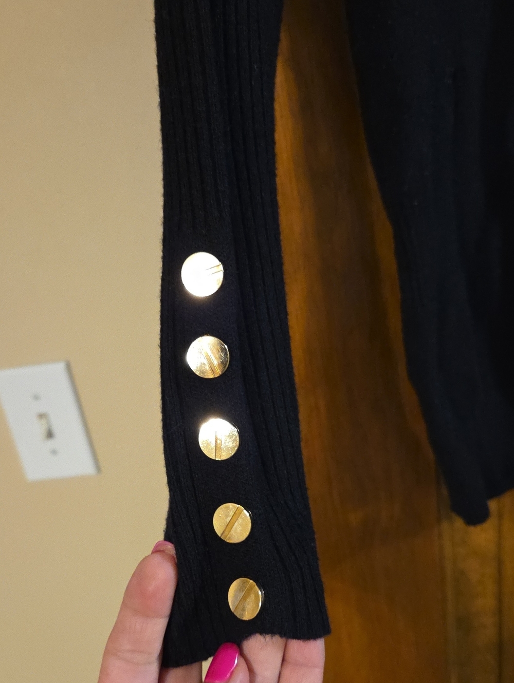 Classic Black V-Neck Sweater with Gold Button Detail - Picture 3 of 4